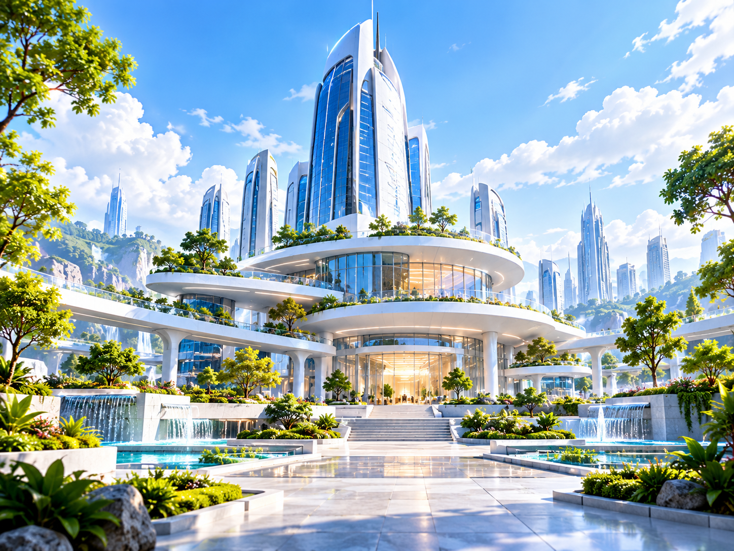 Concept illustration of a bright futuristic Infibolt studio surrounded by greenery